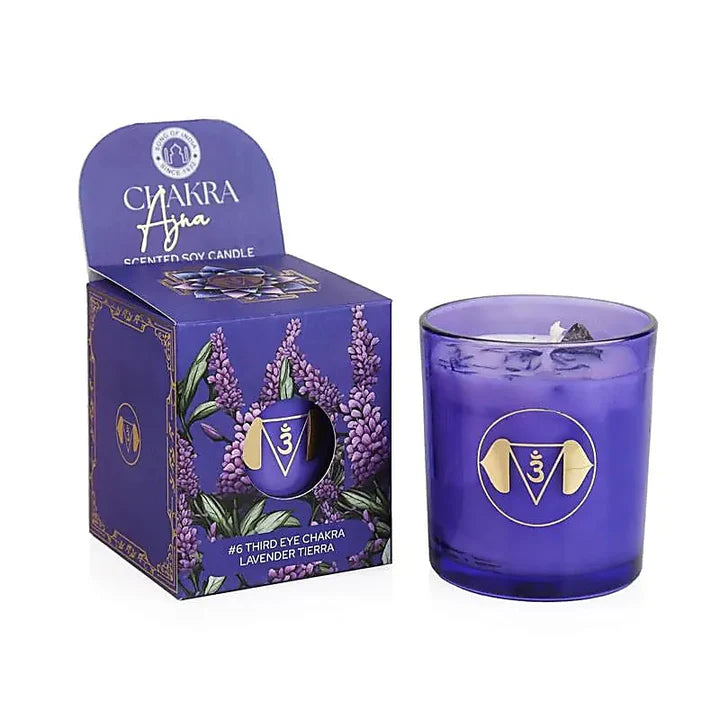Candela profumata in cera di soia chakra Ajna lavanda tierra