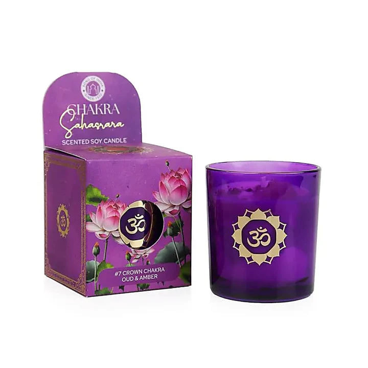 Candela profumata in cera di soia chakra Sahasrara oud e ambra
