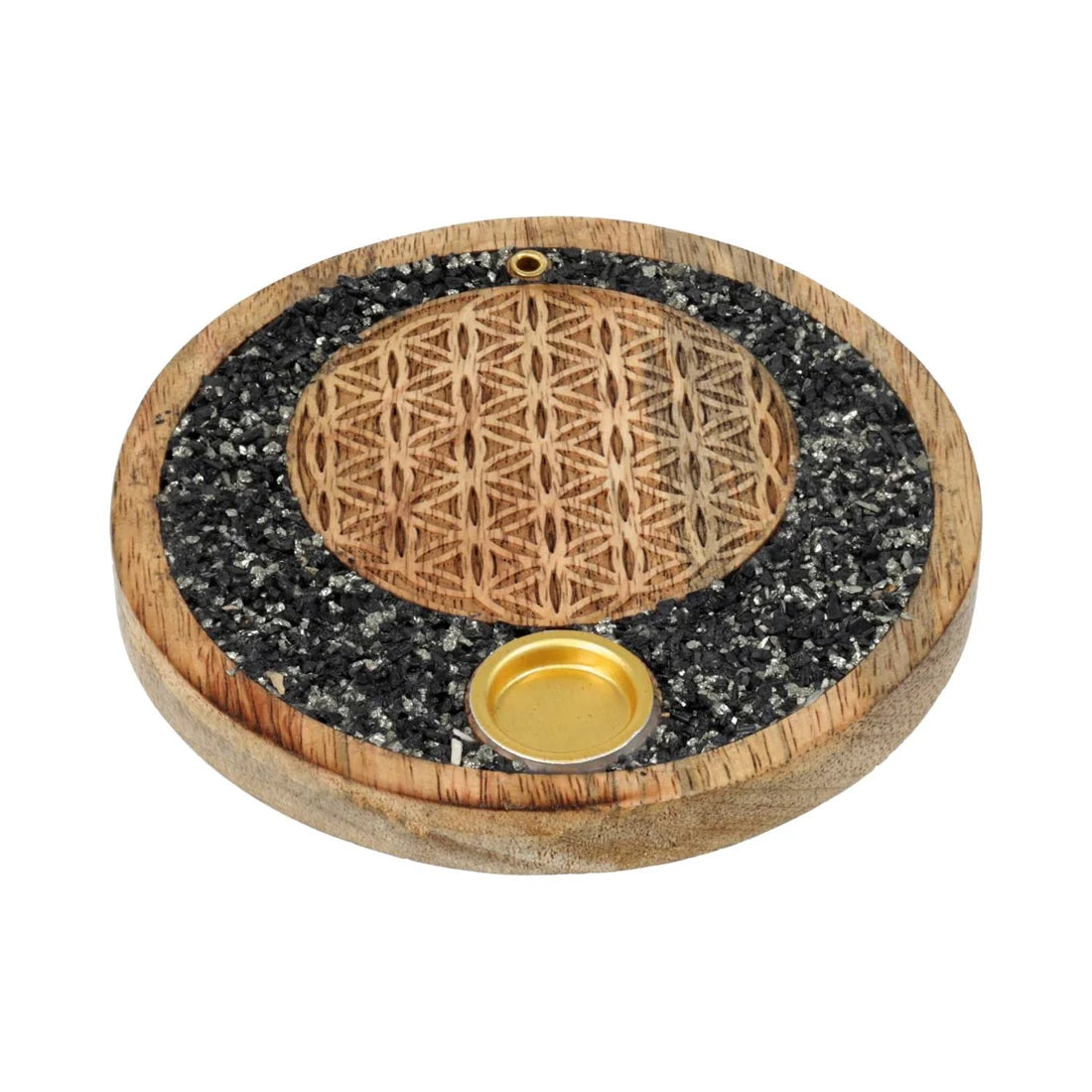 Portabastoncini e coni fiore della vita tormalina nera e pirite legno di mango