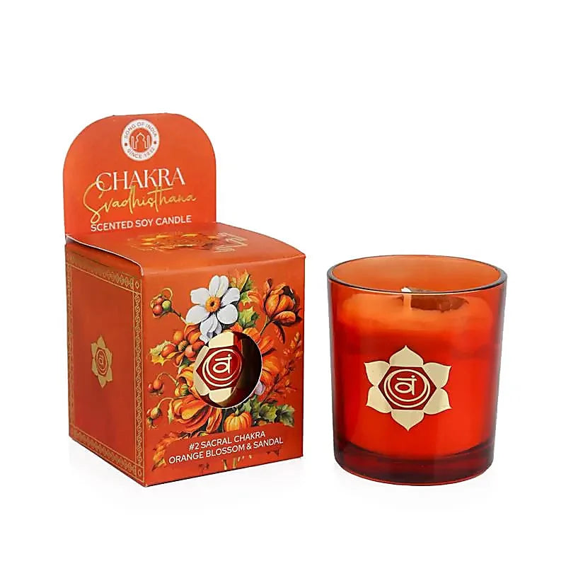 Candela profumata in cera di soia chakra Svadhisthana fiori d’arancio e sandalo