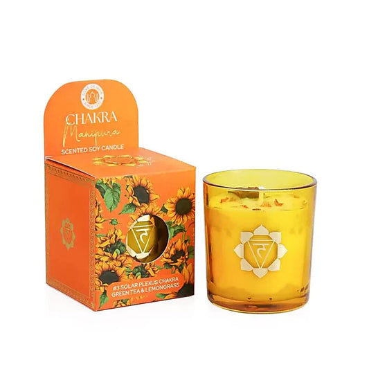 Candela profumata in cera di soia chakra Manipura tè verde e citronella