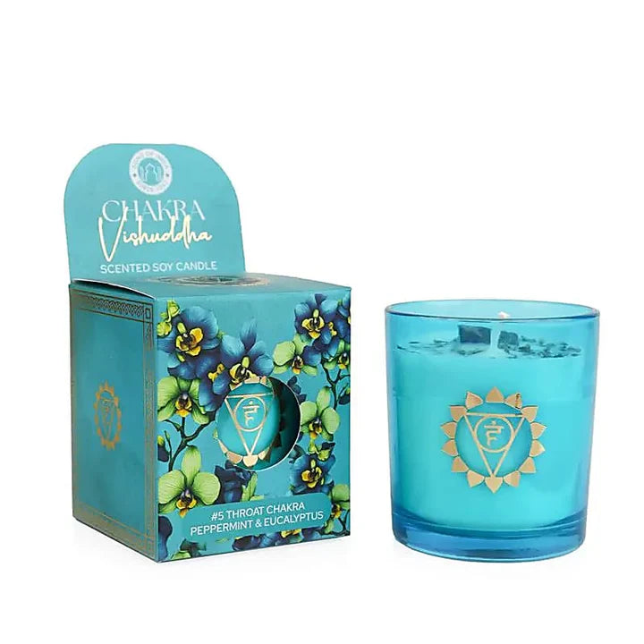 Candela profumata in cera di soia chakra Vishuddha menta piperita & eucalipto
