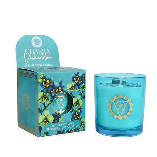 Candela profumata in cera di soia chakra Vishuddha menta piperita & eucalipto