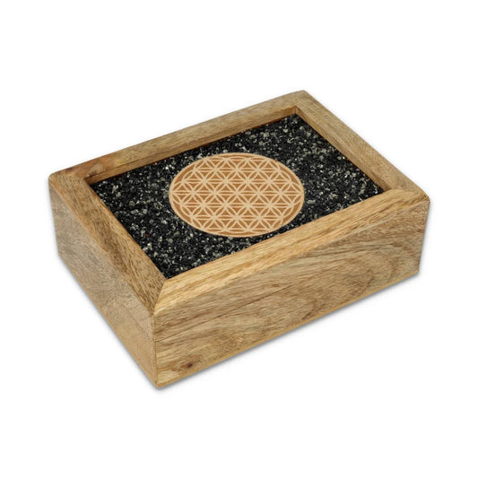 Scatola portagioie tarocchi fiore della vita tormalina e pirite legno di mango