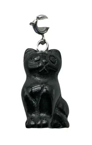Ciondolo gatto argentato  Ossidiana nera
