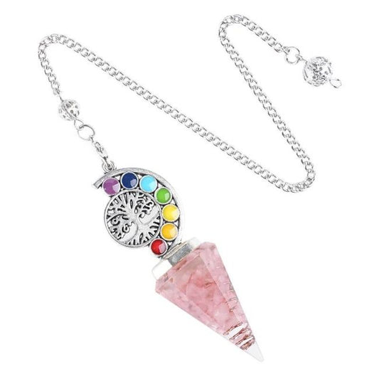 Pendolo in orgonite, quarzo rosa, albero della vita, 7 chakra, 6 lati