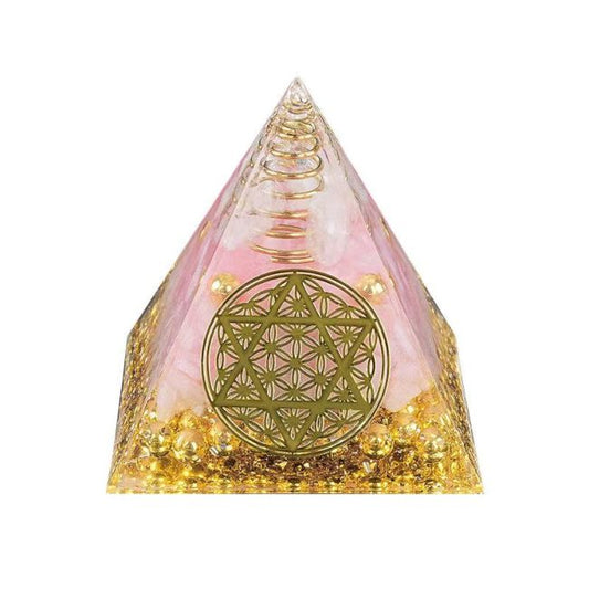 Piramide di orgonite pentacolo di fiore della vita in quarzo rosa